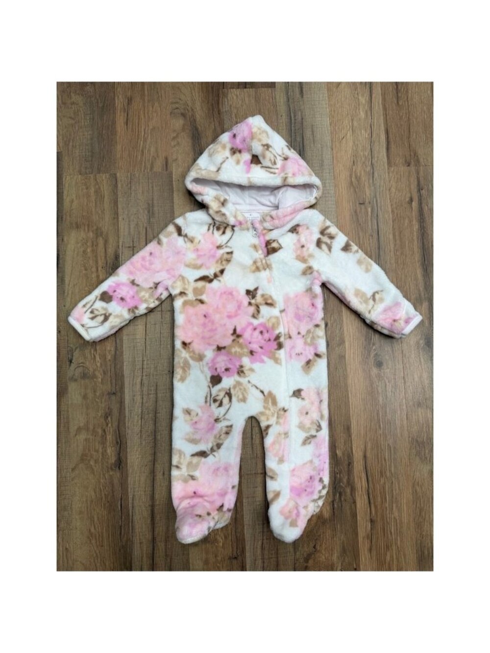 Laura Ashley Baby Girls 3-6M Pink Floral Plush Hooded Zip Footless Romper